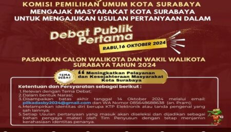 Debat Calon Tunggal Pilwalkot Surabaya, Warga Bisa Ikut Bertanya, Begini Caranya Pengumuman KPU Surabaya bahwa masyarakat boleh ajukan pertanyaan debat ke paslon tunggal (dok. KPU Surabaya)