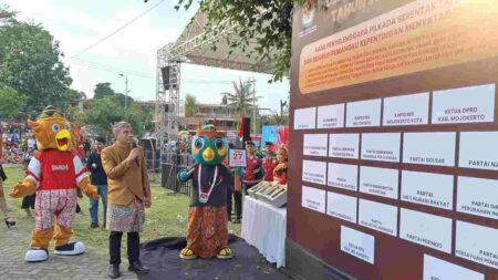 Ketua KPU Kabupaten Mojokerto, Afnan Hidayat bersama 'Si Jali' dan 'Si Galih'. [Foto : Misti/beritajatim.com]