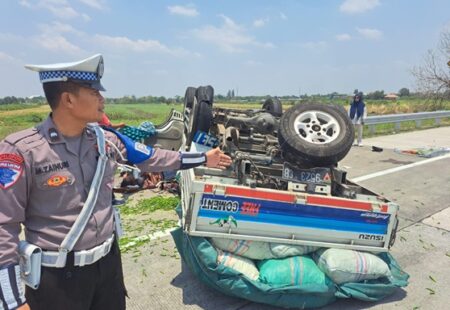 Mobil Pikap Muatan Cabai Terbalik di Tol Jombang, 5 Orang Terluka foto beritajatim