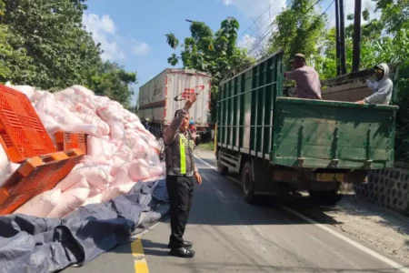 Truk Muat Pupuk Terguling di Tanjakan Jalan Bojonegoro-Ngawi, Lalin Macet 2 Jam Foto BeritaJatim.com