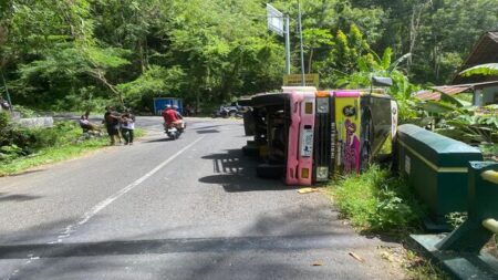 Truk Bermuatan Kayu Terguling di Dlingo Bantul DIY, 7 Penumpang Alami Luka Foto BeritaJatim.com