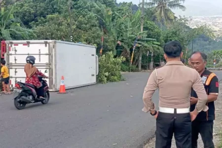 Diduga Tak Kuasai Medan, Truk R6 Terguling di Jalan Alternatif Pacitan–Solo Foto BeritaJatim.com