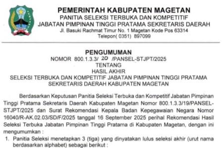 Tiga Nama Lolos Seleksi Akhir Sekda Magetan, Panitia Umumkan Hasil Resmi Foto BeritaJatim.com