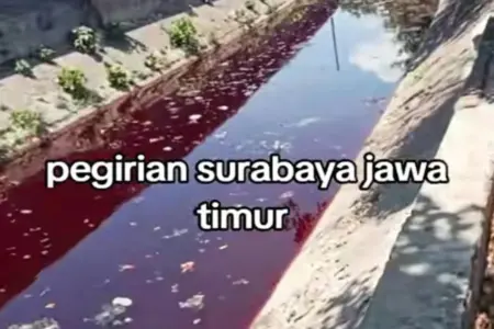DLH Surabaya Jelaskan Penyebab Sungai Pegirian ‘Merah Darah’ Foto BeritaJatim.com