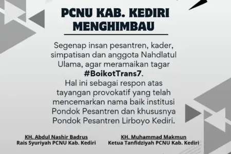 PCNU dan Pesantren di Kediri Serukan #BoikotTrans7 Buntut Tayangan Xpose Dinilai Lecehkan Kyai Lirboyo Foto BeritaJatim.com