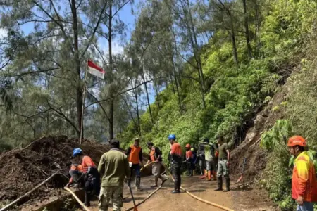 Longsor Pacet Dibersihkan, Jalur Alternatif Mojokerto–Batu Masih Ditutup Sementara Foto BeritaJatim.com